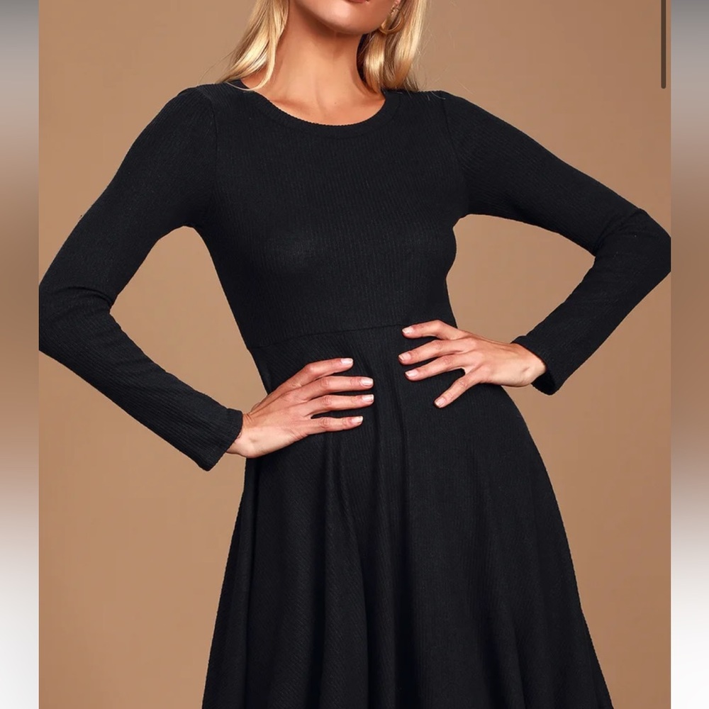 Lulu’s Fit and Fair Black Ribbed Knit Long Sleeve Skater Dress